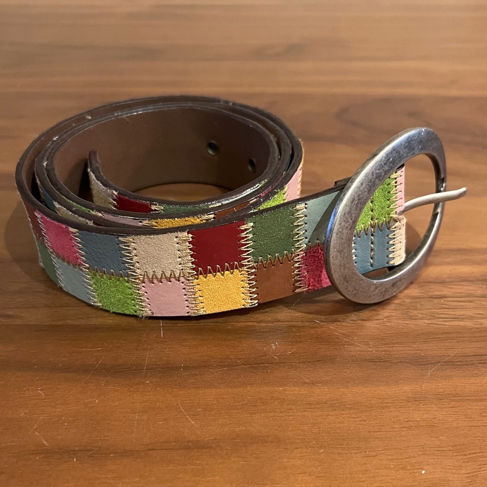 Fossil Patchwork Colorful Belt Size L Genuine Leather Silver Buckle
